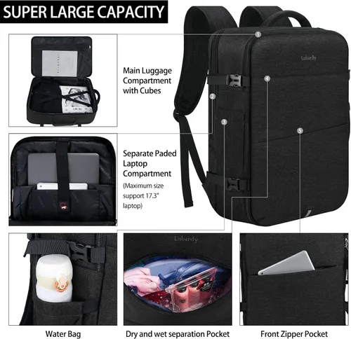 Vista 4 de Mochila de viaje para hombres y mujeres, 17 pulgadas, aprobada para vuelos, mochila de transporte impermeable grande de 40 L, mochila para negocios