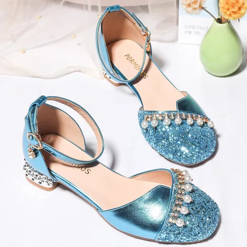Vista 7 de Zapatos de vestir para niñas, tacones altos, zapatos planos para niños pequeños, zapatos de flores con purpurina brillante, para fiesta, boda
