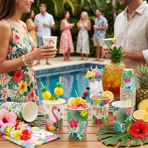 Vista 4 de Hoolerry 60 tazas Luau Aloha Party desechables de papel para fiesta hawaiana Aloha decoraciones de fiesta Tropical Luau 9 onzas verano Tiki piscina