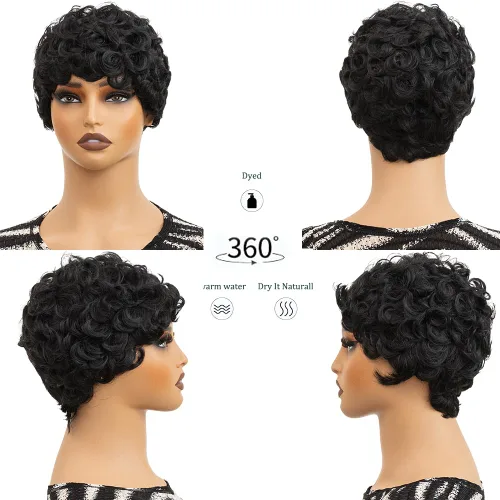 Vista 3 de Cabello rizado Pixie para mujer con flequillo para mujer (negro y rizado) Pixie - Pelucas sintéticas en capas, pelucas cortas para mujeres negras