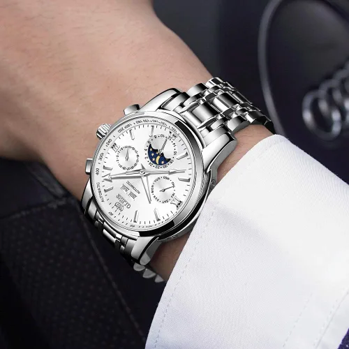 Vista 3 de OLEVS Reloj de pulsera para hombre, diseño de esqueleto, automático, de lujo, con cara grande, multicalendario, de acero inoxidable, impermeable