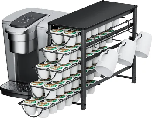 Vista 9 de HFHOME Soporte para cápsulas de café con parte superior de madera, compatible con K-Cups, cajón de almacenamiento de cápsulas de café de 4 niveles