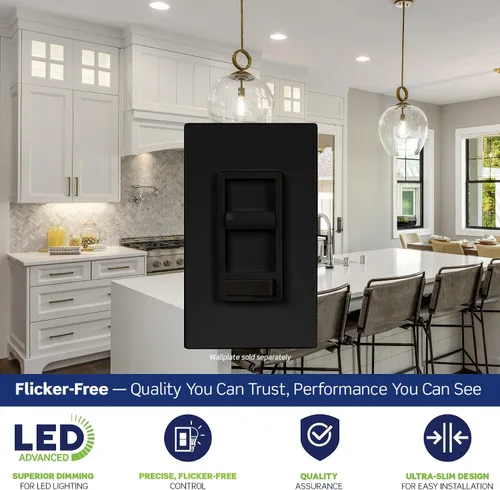 Vista 3 de Leviton SureSlide 66741-E - Interruptor de atenuación avanzado LED regulable de 150 W, halógeno e incandescente, 66741-E, negro