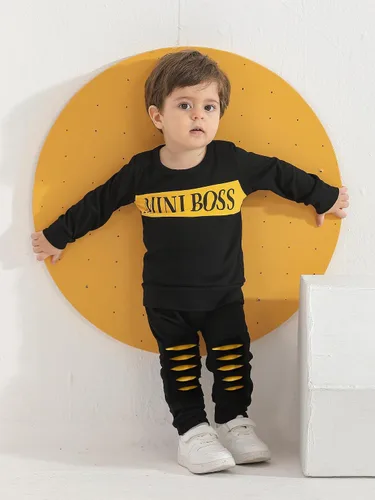 Vista 3 de Conjunto de 2 piezas de sudadera con estampado de letras de manga larga y pantalones para bebé niño