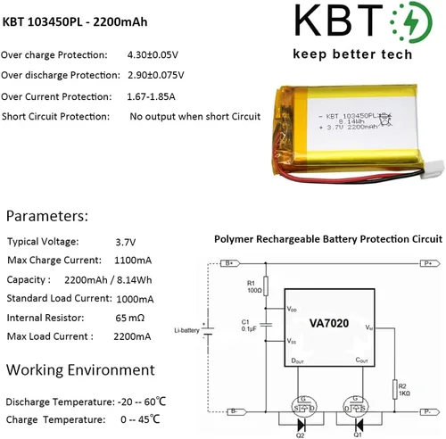 Vista 6 de Batería de polímero de litio KBT 3.7V 2200mAh: 103450 baterías de repuesto de iones de litio recargables Lipo con conector JST PH 2.54, conector