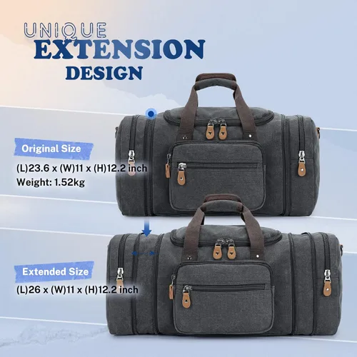 Vista 4 de Gonex Bolsa de lona para viaje 50L60L Duffel Bolsa de fin de semana para la noche, Gris oscuro, Clásico