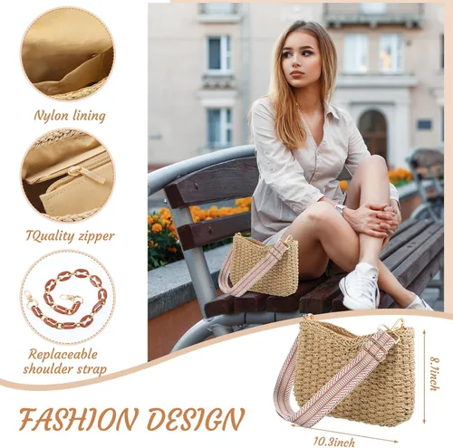 Vista 2 de Sweetude Bolso de mano de paja para mujer, juego de aretes de ratán, bolsa de paja de verano, playa, bolso bohemio, cartera tejida para vacaciones