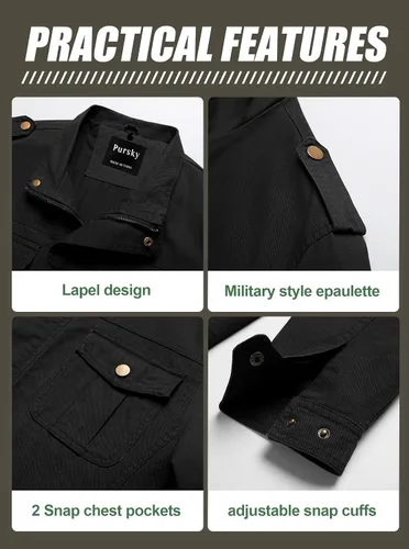 Vista 5 de Pursky Chaqueta Militar de Hombre Chaqueta de Algodón Lavado Casual con Capucha de Lienzo Abrigo de Otoño