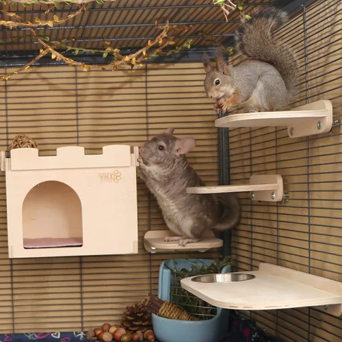 Vista 2 de Juego de plataforma de madera Chinchilla con repisas de jaula de chinchilla Accesorios de jaula para animales pequeños para hámsters planeadores