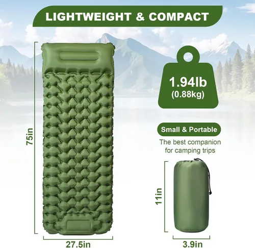 Vista 2 de Colchoneta de dormir para camping, ultraligero (1.9 libras) inflable con almohada integrada y bomba de pie, almohadilla de aire compacta de 4
