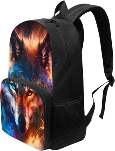 Vista 3 de Mochila genial para niños, mochila de lobo, mochila negra grande de 17 pulgadas, perfecta para 6 a 14 años, Fire and Ice