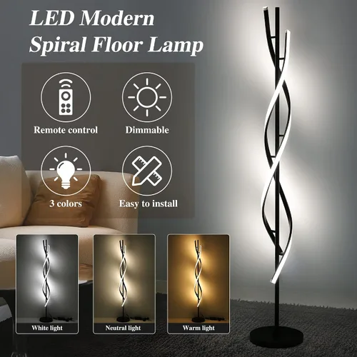 Vista 2 de Lámpara de pie moderna en espiral para sala de estar, lámpara de pie de esquina LED regulable de 30 W con control remoto, lámparas de pie negras