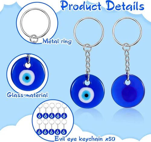 Vista 3 de Inbagi 50 llaveros de ojo turco azul turco con dijes de decoración para manualidades, llavero de cristal con llavero, adorno colgante, accesorios