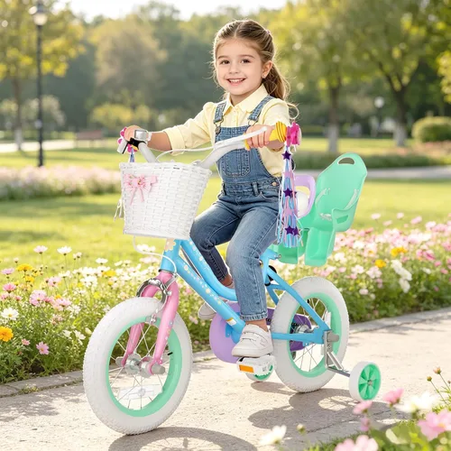 Vista 2 de KORIMEFA Bicicleta para niñas de 2 a 12 años, 12, 14, 16, 20 pulgadas, bicicleta para niños pequeños con ruedas de entrenamiento, bicicleta
