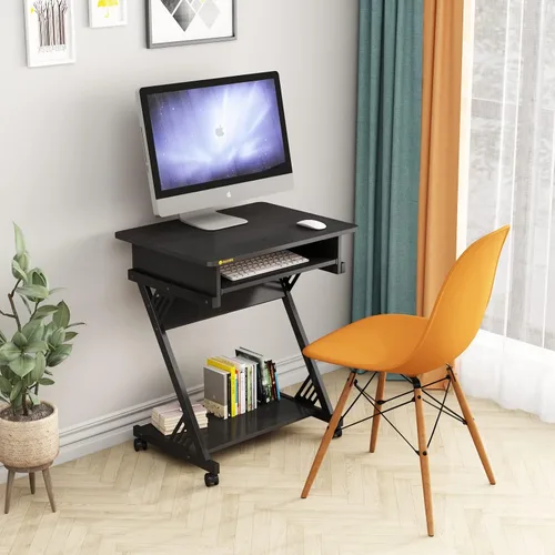 Vista 9 de Escritorio para computadora con bandeja para teclado, escritorio pequeño con ruedas de 23.6 pulgadas, carrito de computadora con almacenamiento