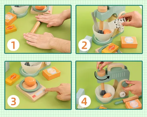 Vista 4 de Juego de juguetes de licuadora de madera para niños, juguete mezclador de galletas para hornear, accesorios de cocina Montessori para niñas y niños