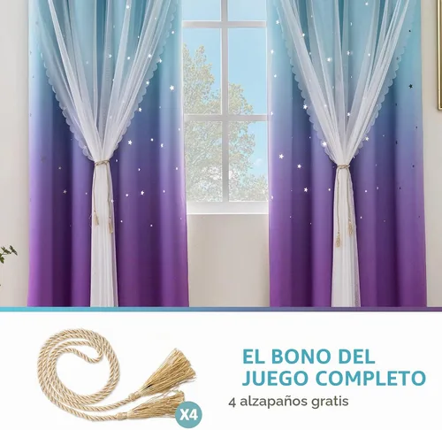 Vista 4 de Stiio 2 paneles de cortinas opacas con recorte de estrellas, 52 pulgadas de Azul y morado