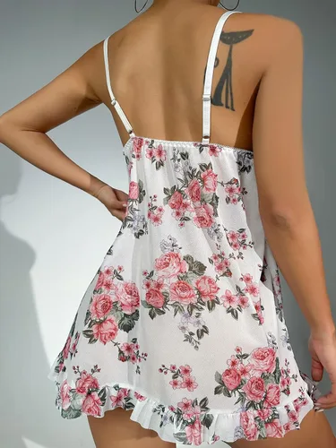 Vista 2 de SweatyRocks Ropa de dormir sexy para mujer, camisón de encaje con ribete floral