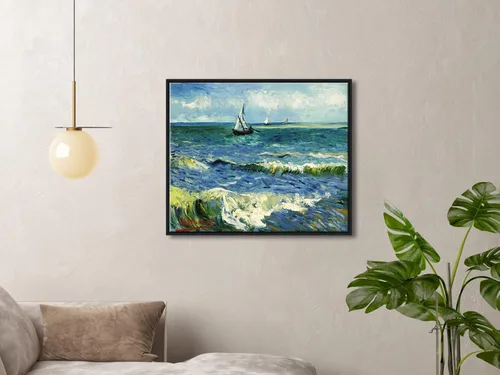 Vista 8 de Wieco Art Arte enmarcado negro paisaje marino en Saintes Maries por Vincent Van Gogh pinturas al óleo Reproducción modernas impresiones en lienzo