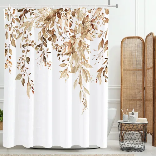 Vista 87 de Tititex - Juego de cortinas de ducha de eucalipto negro, hojas de acuarela gris en la parte superior, con decoración floral de baño, 60 x 72