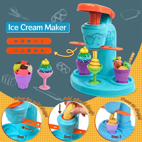 Vista 2 de Juego de Masa Colorida 3 en 1 para Niños de 3 a 8 años, Kit de Accesorios para Masa, Set de Helado, Fideos, Hamburguesa, Creaciones de Cocina