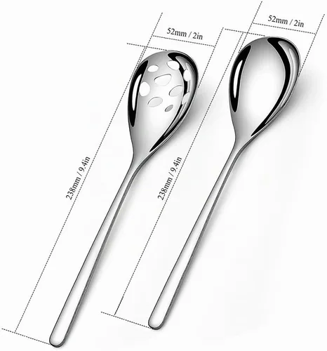 Vista 2 de Juego de 2 cucharas de servir, cucharas sólidas y ranuradas de acero inoxidable de 9.4 pulgadas, utensilios de cocina extra grandes y resistentes