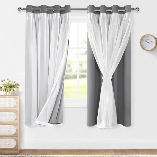Vista 18 de XWZO Cortinas 100% opacas de doble capa para guardería, cortinas opacas con superposición transparente para dormitorio de niñas, cortinas