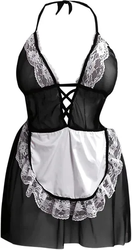 Vista 5 de Lencería sexy de sirvienta francesa para juegos sexuales traviesos, ribete de encaje, malla transparente, babydoll, camisola, enfermera, cosplay