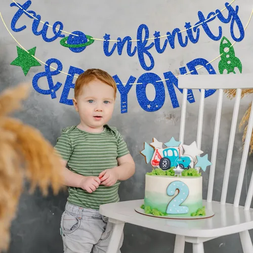 Vista 7 de Infinity and Beyond - Cartel de segundo cumpleaños – Decoración de fiesta temática espacial (azul) 2 Years Old Space Themed Birthday Banner, 2nd