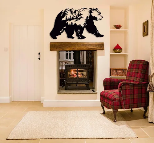 Vista 2 de Decoración de pared de metal con oso, arte de pared grande para exteriores, decoración de montaña y naturaleza, decoración de pared de bosque