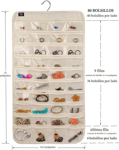 Vista 6 de BB Brotrade Organizador colgante de joyas, organizador de accesorios, organizador de 80 bolsillos para guardar joyas (beige)