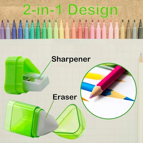 Vista 3 de 20 sacapuntas manuales con borrador, 2 en 1, sacapuntas de mano de forma triangular de un solo orificio con receptáculo y borrador para suministros