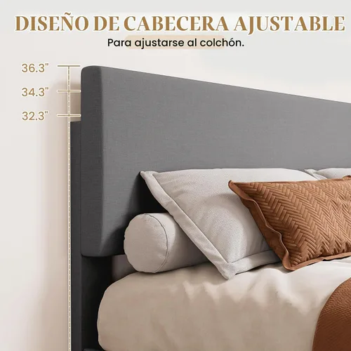 Vista 6 de SHA CERLIN - Base de cama tapizada tamaño King en color gris claro con cabecero ajustable, soporte de listones de madera, no necesita somier, fácil