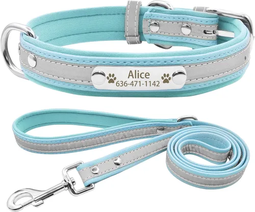 Vista 15 de Collares reflectantes personalizados para perros con acolchado de neopreno, collar de perro grabado personalizado con placa de nombre para perros