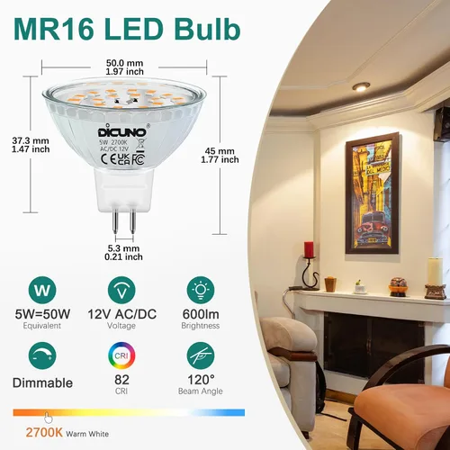 Vista 2 de DiCUNO Bombillas LED MR16 regulables de 50 W, reemplazo halógeno de 2700 K, blanco cálido, base de vidrio GU5.3 con base de dos pines, ángulo de haz