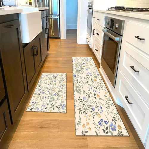 Vista 3 de LB Tapetes de cocina florales azules para cojines de piso, tapete de cocina antifatiga, diseño de flores silvestres sobre beige, juego de 2