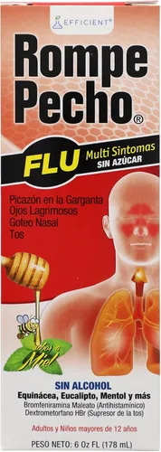 Vista 2 de Rompe Pecho, Jarabe para la gripe y la tos, Sin Azúcar, 6 Oz, Botella. Ámbar