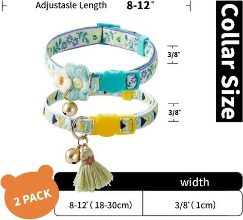 Vista 6 de Paquete de 2 collares de gato con bonito patrón colorido para gato, niño y niña, longitud ajustable con borla de campana, patrón tribal bohemio