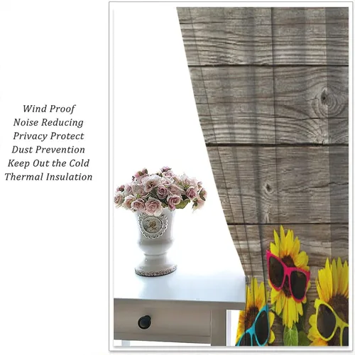 Vista 5 de Cortina de girasoles de verano, girasoles con gafas de sol sobre madera, bolsillo para barra, cortinas opacas para dormitorio, cocina, sala