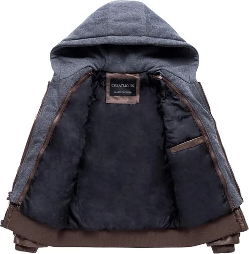Vista 3 de CREATMO US Chaqueta de piel sintética para hombre, impermeable, resistente al viento, PU con capucha extraíble