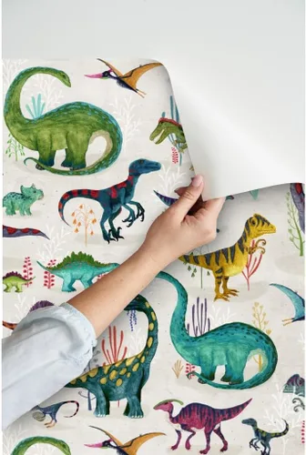Vista 3 de Muestras de papel tapiz para despegar y pegar, dinosaurios, brillantes, grandes, verdes, para niños, rayas grises, dibujado a mano, dinosaurios