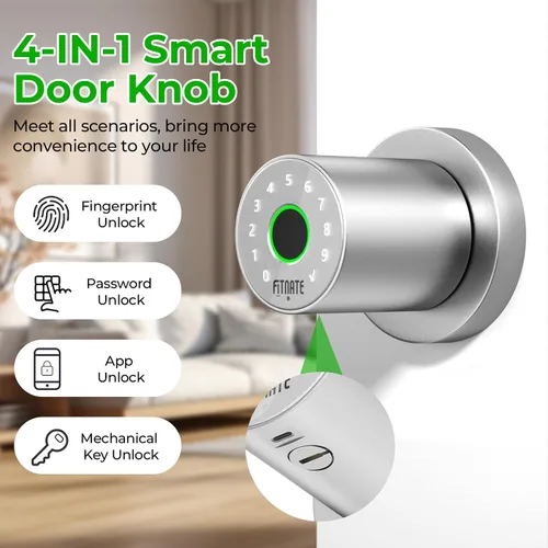 Vista 2 de FITNATE Pomo de puerta de huellas dactilares con teclado, perilla de puerta inteligente con control de aplicación, cerradura de puerta biométrica