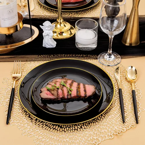 Vista 8 de 150 piezas de platos de plástico negros, platos negros y dorados, cubiertos de plástico dorados, juego de vajilla negro y dorado, vajilla de calidad