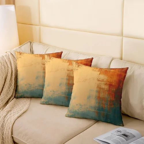 Vista 4 de Feelyou Funda de almohada abstracta vintage de 16 x 16 pulgadas, suave, azul y marrón, con pintura de óxido desordenada, funda de cojín para sala