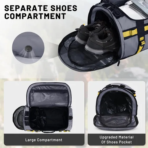Vista 3 de MIER Mochila de lona grande con compartimento para zapatos, resistente y resistente al agua, gris, 90L