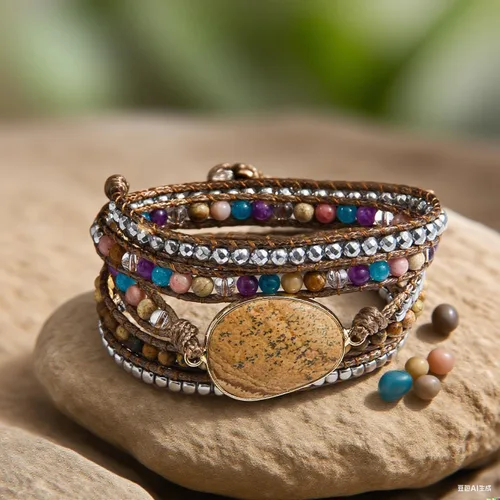 Vista 6 de Women Boho Wrap Bracelet Natural Jasper Crystal Stone Bead Strand Bracelets Marrón