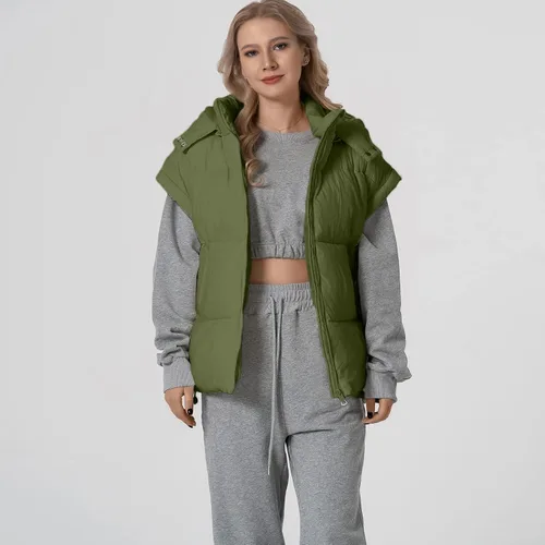 Vista 19 de Shiyifa Chaleco acolchado para mujer, chaqueta de gran tamaño, sin mangas, ligera, con cremallera, con capucha desmontable