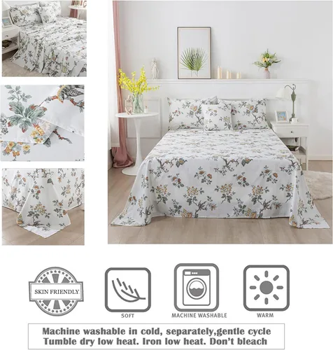 Vista 4 de FADFAY Elegante juego de sábanas con estampado de pájaros beige desgastado, 100% algodón, ultra suave, para niñas, con bolsillo profundo, 4 piezas