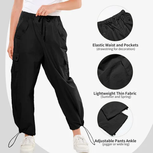 Vista 3 de Rolanko Pantalones de paracaídas para niñas, pantalones cargo Y2K con bolsillos, pantalones deportivos Harajuku para niños de 4 a 14 años
