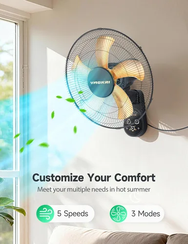 Vista 3 de VAGKRI Ventilador de montaje en pared de 16 pulgadas, ventilador oscilante silencioso con control remoto, 5 velocidades, temporizador de 8 horas